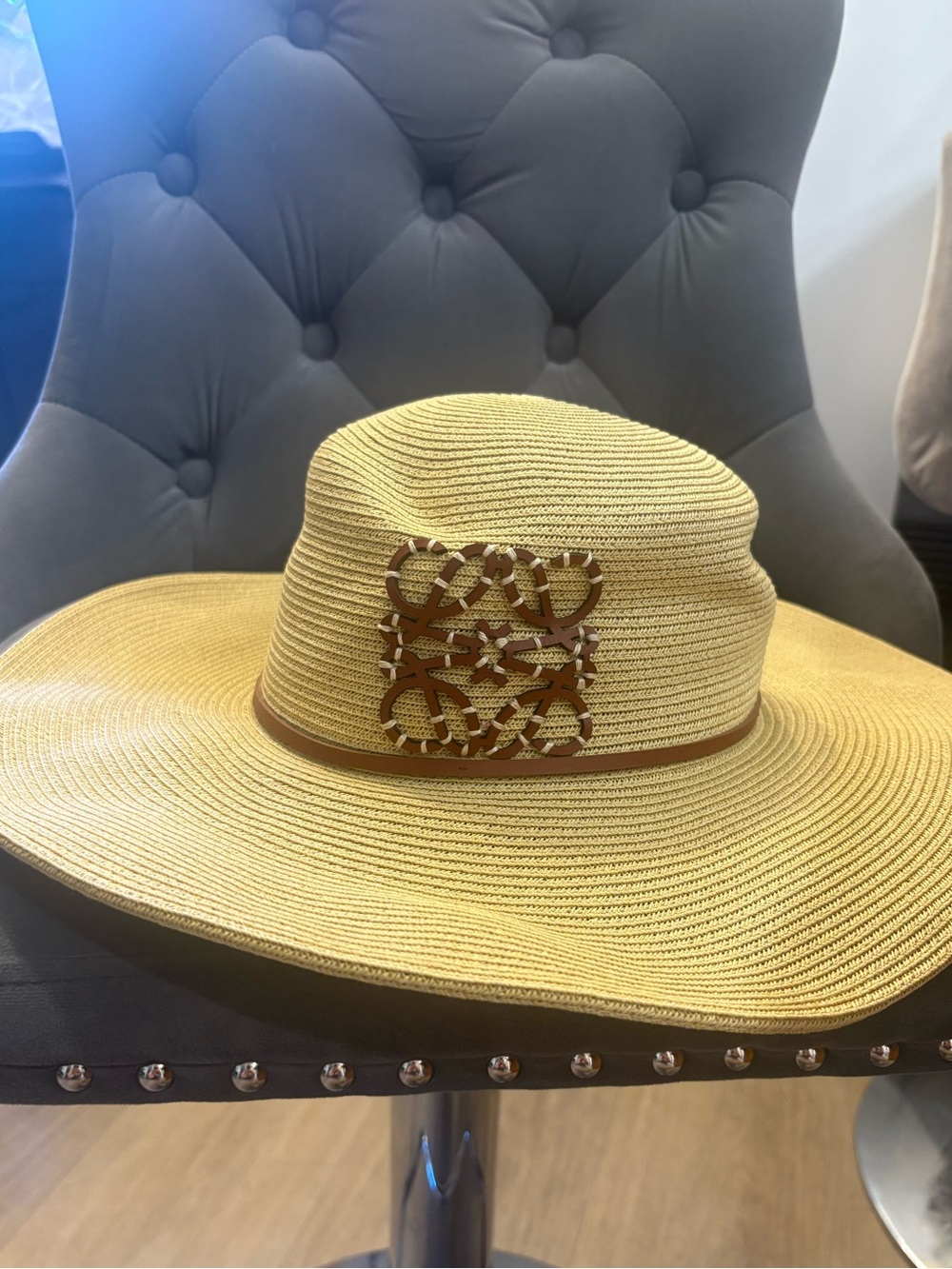 Loewe Yellow Straw Wide-Brim Hat with Leather Trim and Decorative Emblem - Picture 10 of 11